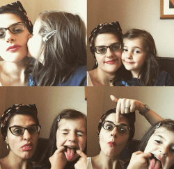 Mother and daughter make faces. There is also a lipstick in here somewhere.